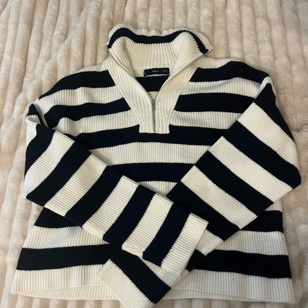 Mango Black and White Striped quarter zip sweater